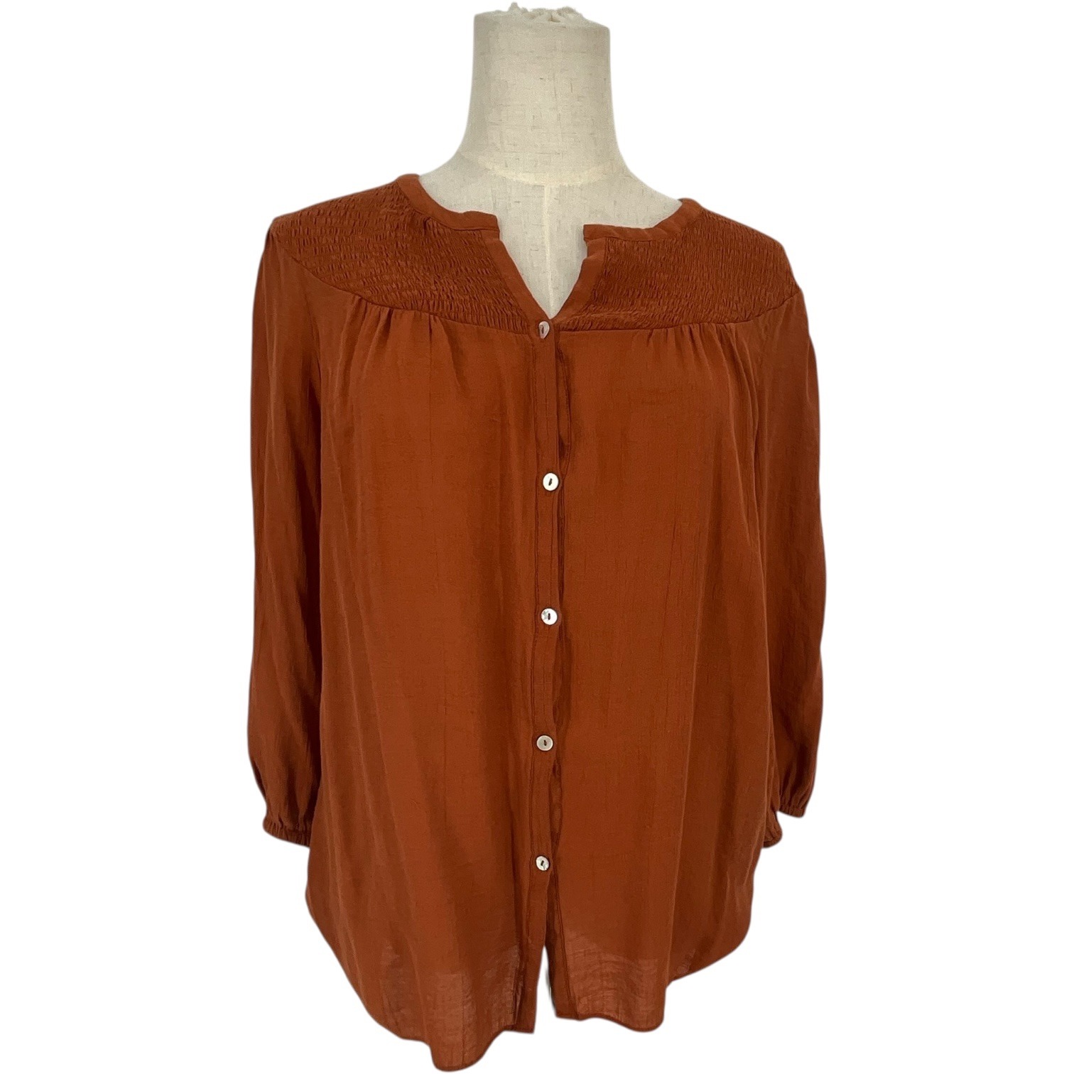 Nanette Lepore Smocked Bodice Button Front Blouse Rust Orange Cottage Core Sz L